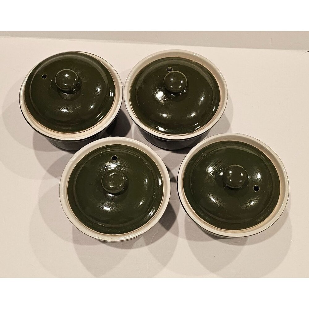 Vintage Set of 4 Hall 63 Made in USA Stoneware Vented-Lid Soup Crock/Bowls